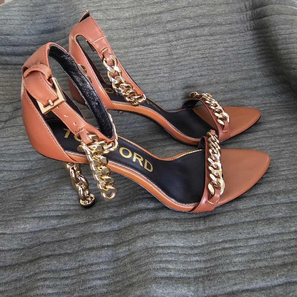Tom Ford Brown Leather Chain-Accent High Heel Sandals